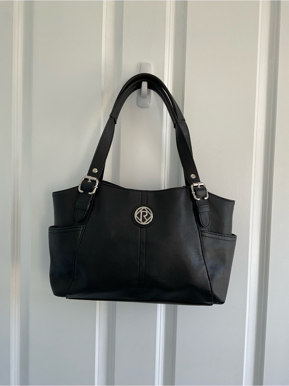 Relic Black Faux Leather Shoulder Tote with Silver R Circular Emblem